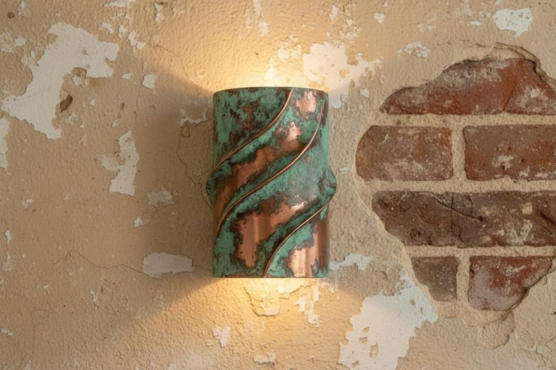 Verdigris Brass Wall Sconce – Copper & Green Patina Up Down Light with Sculptural Wave Design