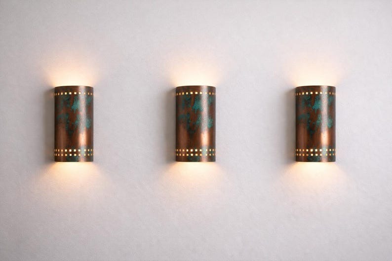 Verdigris Copper Brass Wall Sconce – Up & Down Moroccan Cylinder Light with Geometric Cutouts