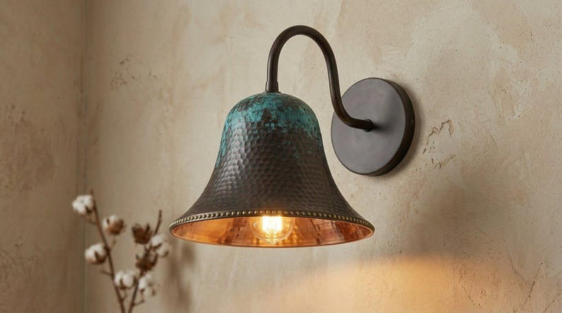 Handmade Brass Wall Sconce – Verdigris Green Patina Hammered Brass Bell Wall Light with Copper Interior, Moroccan Rustic Farmhouse Wall Lamp Fixture