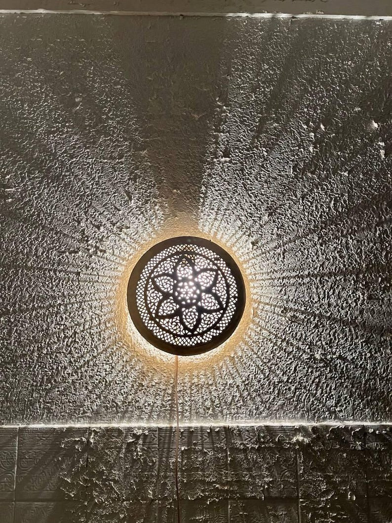 Moroccan Pierced Brass Wall Sconce – Round Mandala Shadow Light with Geometric Floral Pattern