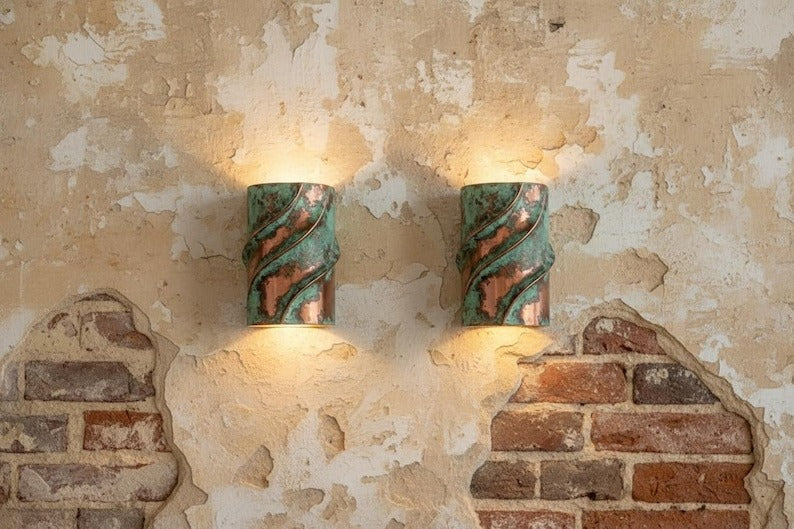 Verdigris Brass Wall Sconce – Copper & Green Patina Up Down Light with Sculptural Wave Design