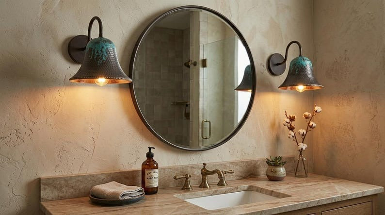 Handmade Brass Wall Sconce – Verdigris Green Patina Hammered Brass Bell Wall Light with Copper Interior, Moroccan Rustic Farmhouse Wall Lamp Fixture