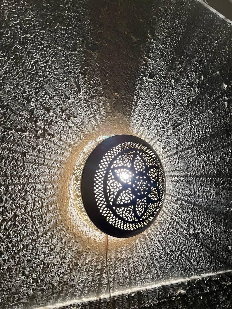 Moroccan Pierced Brass Wall Sconce – Round Mandala Shadow Light with Geometric Floral Pattern