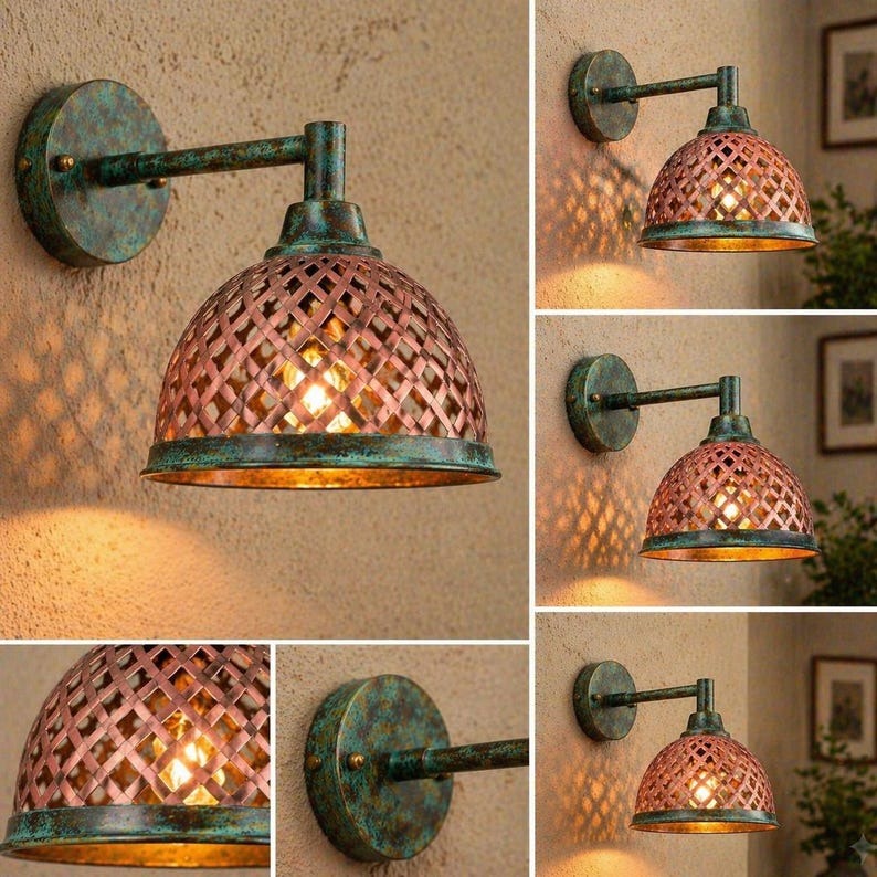 Handmade Moroccan Brass Wall Sconce – Woven Lattice Dome Light with Verdigris Patina & Copper Finish, Rustic Boho Wall Lamp