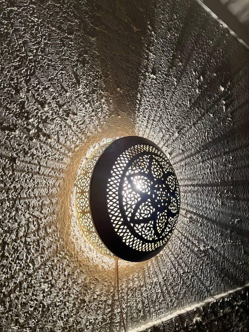 Moroccan Pierced Brass Wall Sconce – Round Mandala Shadow Light with Geometric Floral Pattern