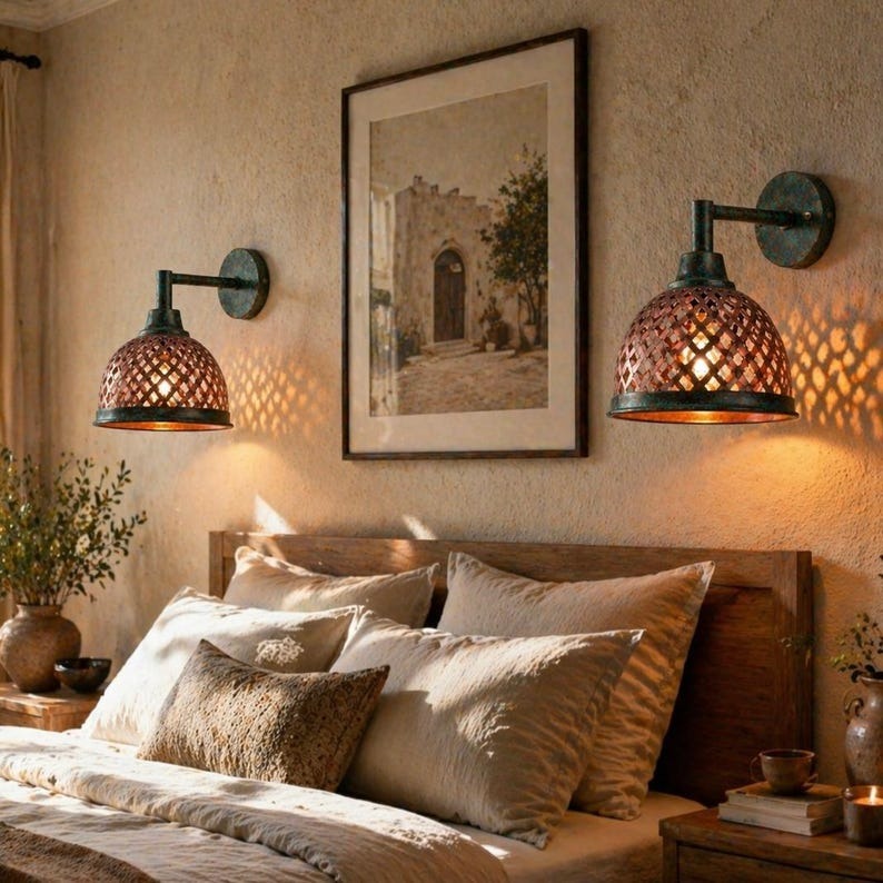 Handmade Moroccan Brass Wall Sconce – Woven Lattice Dome Light with Verdigris Patina & Copper Finish, Rustic Boho Wall Lamp