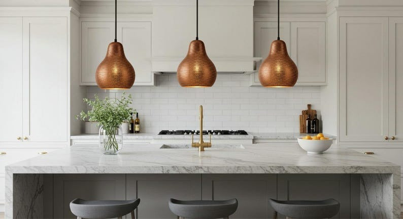 Handmade Perforated Brass Pendant Light – Moroccan Gourd Pendant Lamp with Copper Brass Finish for Kitchen Island, Dining Room & Boho Home Décor