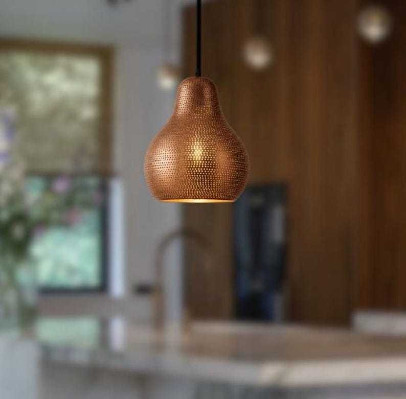 Handmade Perforated Brass Pendant Light – Moroccan Gourd Pendant Lamp with Copper Brass Finish for Kitchen Island, Dining Room & Boho Home Décor