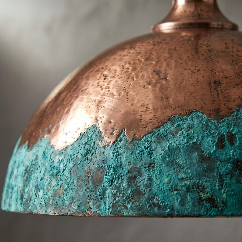 Handmade Copper & Turquoise Patina Brass Pendant Light – Moroccan Dome Hanging Lamp for Kitchen Island, Dining Room, Living Room & Boho Luxury Decor