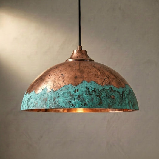 Handmade Copper & Turquoise Patina Brass Pendant Light – Moroccan Dome Hanging Lamp for Kitchen Island, Dining Room, Living Room & Boho Luxury Decor