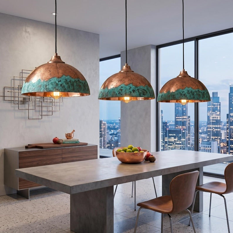 Handmade Copper & Turquoise Patina Brass Pendant Light – Moroccan Dome Hanging Lamp for Kitchen Island, Dining Room, Living Room & Boho Luxury Decor