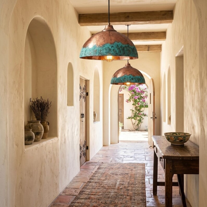 Handmade Copper & Turquoise Patina Brass Pendant Light – Moroccan Dome Hanging Lamp for Kitchen Island, Dining Room, Living Room & Boho Luxury Decor