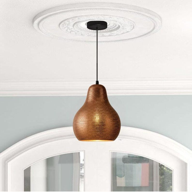 Handmade Perforated Brass Pendant Light – Moroccan Gourd Pendant Lamp with Copper Brass Finish for Kitchen Island, Dining Room & Boho Home Décor