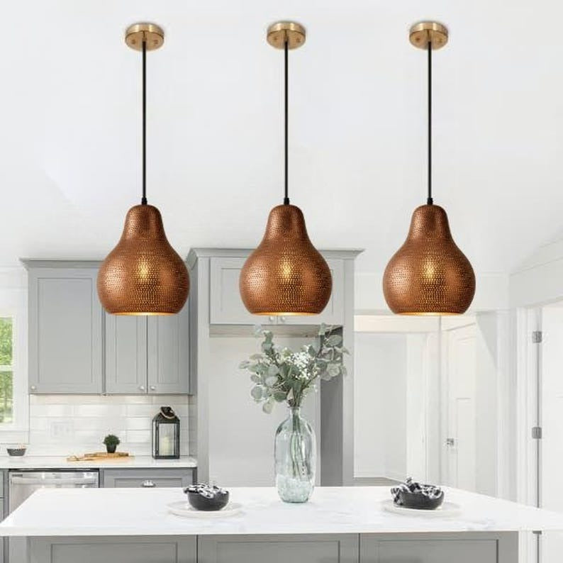 Handmade Perforated Brass Pendant Light – Moroccan Gourd Pendant Lamp with Copper Brass Finish for Kitchen Island, Dining Room & Boho Home Décor