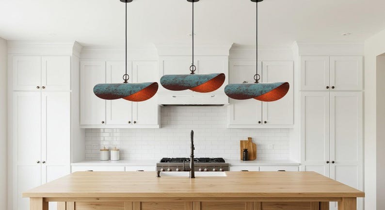 Verdigris Brass Linear Pendant Light – Sculptural Copper Capsule Kitchen Island Chandelier