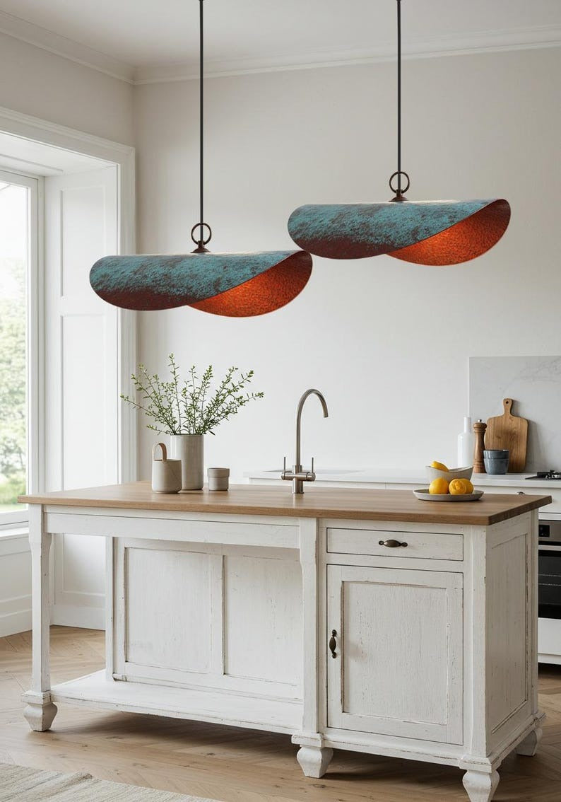 Verdigris Brass Linear Pendant Light – Sculptural Copper Capsule Kitchen Island Chandelier
