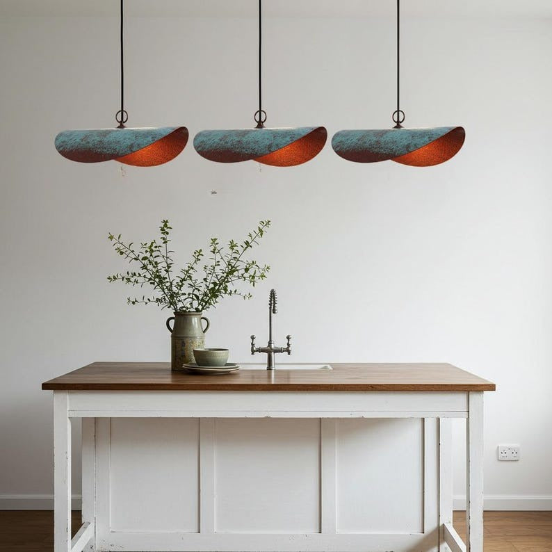 Verdigris Brass Linear Pendant Light – Sculptural Copper Capsule Kitchen Island Chandelier