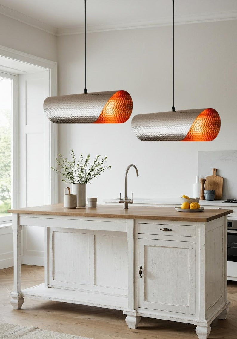 Hammered Brass Linear Pendant Light – Silver & Copper Two-Tone Capsule Kitchen Island Chandelier