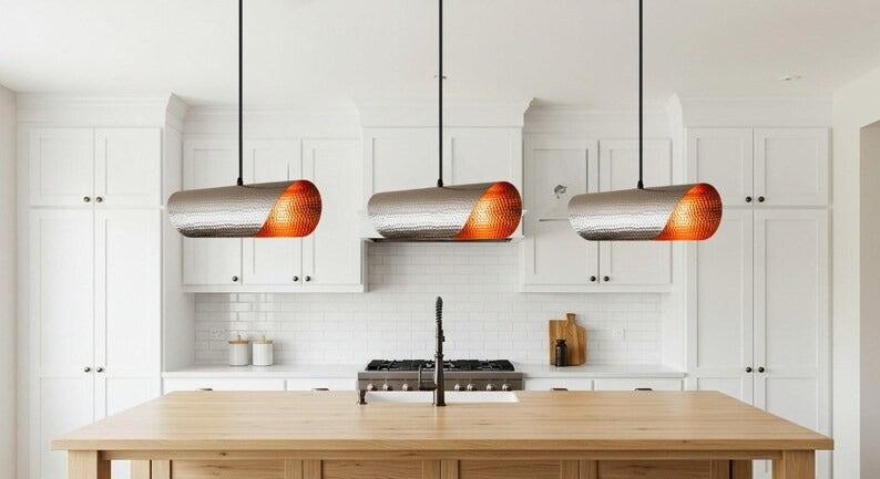 Hammered Brass Linear Pendant Light – Silver & Copper Two-Tone Capsule Kitchen Island Chandelier