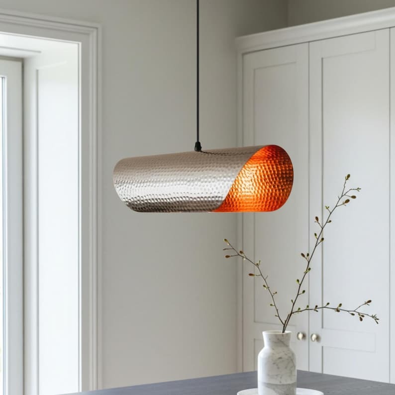 Hammered Brass Linear Pendant Light – Silver & Copper Two-Tone Capsule Kitchen Island Chandelier
