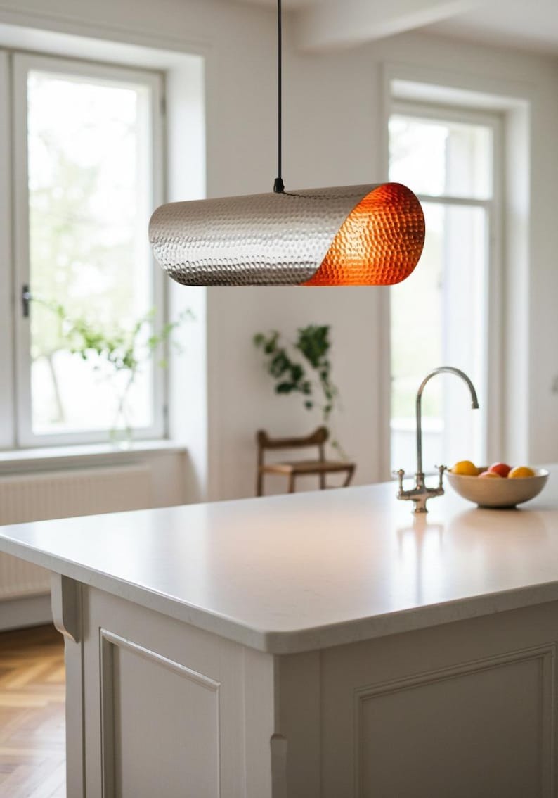 Hammered Brass Linear Pendant Light – Silver & Copper Two-Tone Capsule Kitchen Island Chandelier