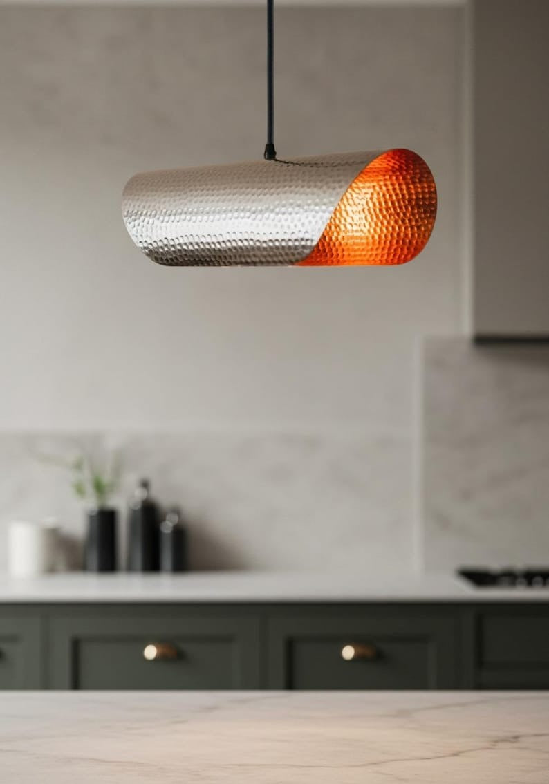 Hammered Brass Linear Pendant Light – Silver & Copper Two-Tone Capsule Kitchen Island Chandelier