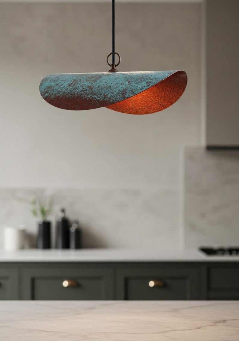 Verdigris Brass Linear Pendant Light – Sculptural Copper Capsule Kitchen Island Chandelier