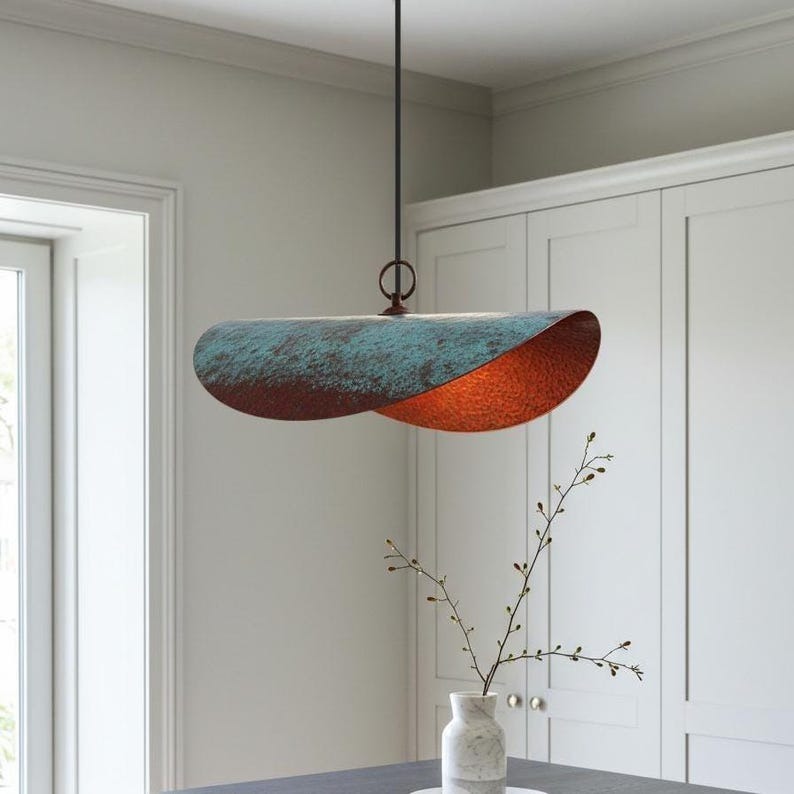 Verdigris Brass Linear Pendant Light – Sculptural Copper Capsule Kitchen Island Chandelier