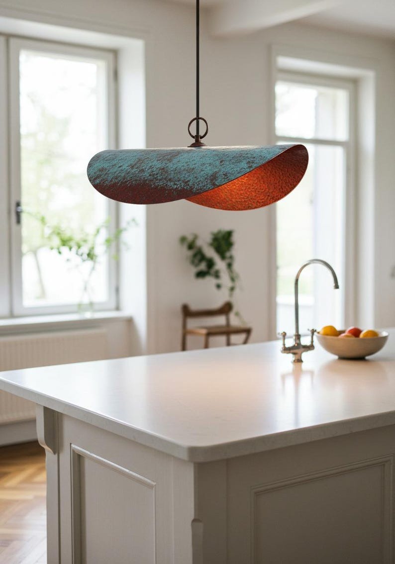 Verdigris Brass Linear Pendant Light – Sculptural Copper Capsule Kitchen Island Chandelier