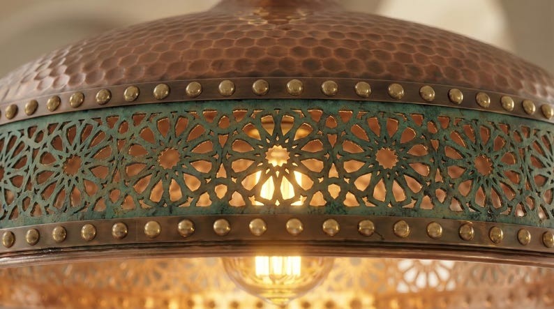 Handmade Brass Moroccan Pendant Light – Copper Hammered Brass Hanging Lamp with Verdigris Green Patina Pierced Band, Rustic Kitchen Island Ceiling Fixture