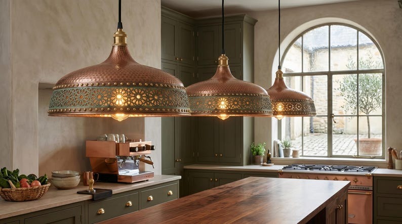 Handmade Brass Moroccan Pendant Light – Copper Hammered Brass Hanging Lamp with Verdigris Green Patina Pierced Band, Rustic Kitchen Island Ceiling Fixture