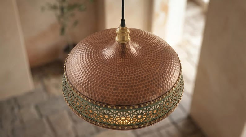 Handmade Brass Moroccan Pendant Light – Copper Hammered Brass Hanging Lamp with Verdigris Green Patina Pierced Band, Rustic Kitchen Island Ceiling Fixture