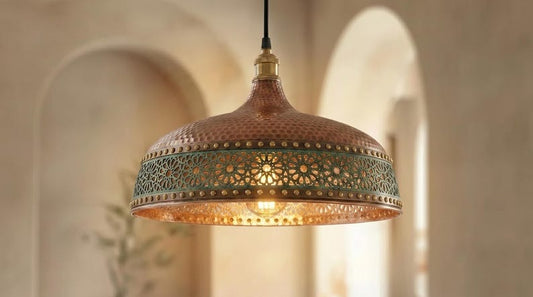 Handmade Brass Moroccan Pendant Light – Copper Hammered Brass Hanging Lamp with Verdigris Green Patina Pierced Band, Rustic Kitchen Island Ceiling Fixture