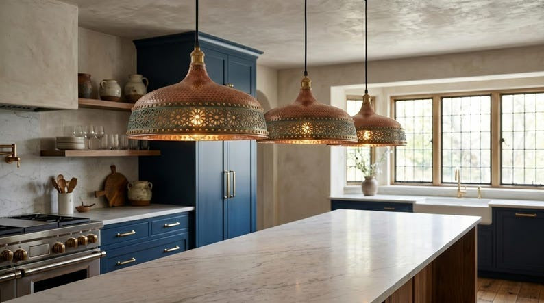 Handmade Brass Moroccan Pendant Light – Copper Hammered Brass Hanging Lamp with Verdigris Green Patina Pierced Band, Rustic Kitchen Island Ceiling Fixture