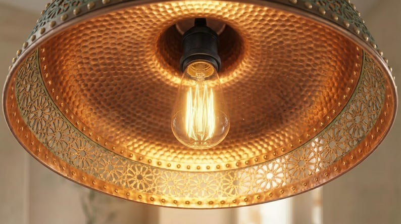 Handmade Brass Moroccan Pendant Light – Copper Hammered Brass Hanging Lamp with Verdigris Green Patina Pierced Band, Rustic Kitchen Island Ceiling Fixture