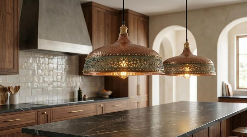 Handmade Brass Moroccan Pendant Light – Copper Hammered Brass Hanging Lamp with Verdigris Green Patina Pierced Band, Rustic Kitchen Island Ceiling Fixture