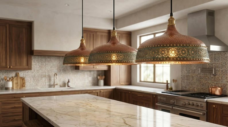Handmade Brass Moroccan Pendant Light – Copper Hammered Brass Hanging Lamp with Verdigris Green Patina Pierced Band, Rustic Kitchen Island Ceiling Fixture