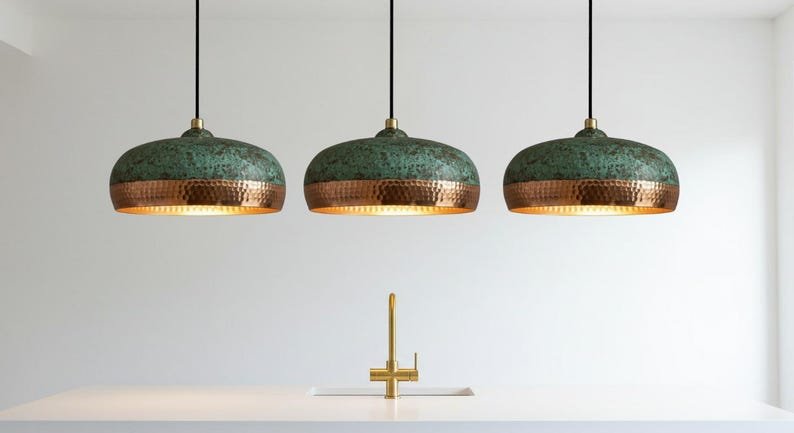 Green Patina Copper Pendant Light, Handmade Hammered Dome Ceiling Lamp, Rustic Moroccan Kitchen Island Chandelier