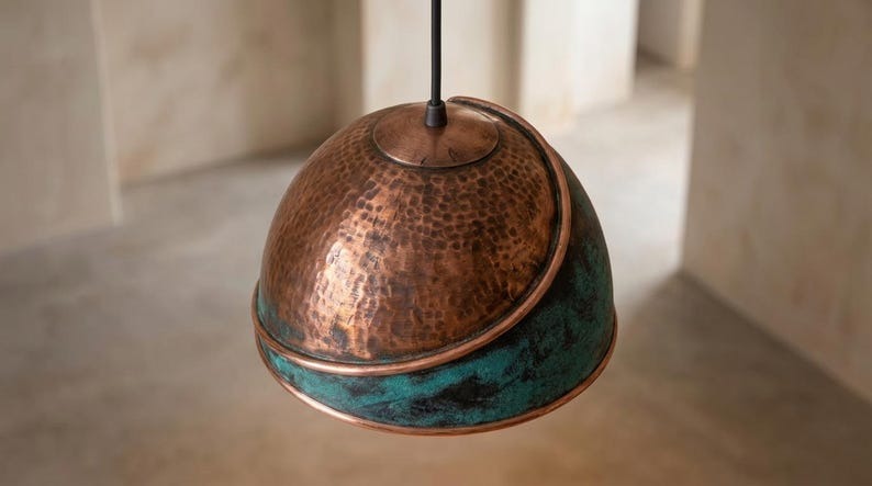 Handmade Moroccan Brass Pendant Light – Hammered Dome Ceiling Lamp with Verdigris Patina, Spiral Copper Band & Rustic Aged Finish