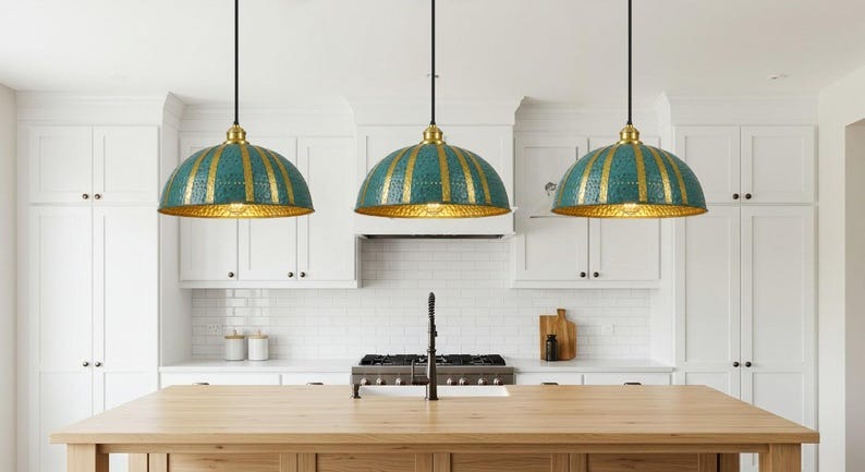 Handmade Moroccan Brass Pendant Light – Verdigris Dome Ceiling Lamp with Gold Brass Ribs, Hammered Texture & Warm Kitchen Island Glow
