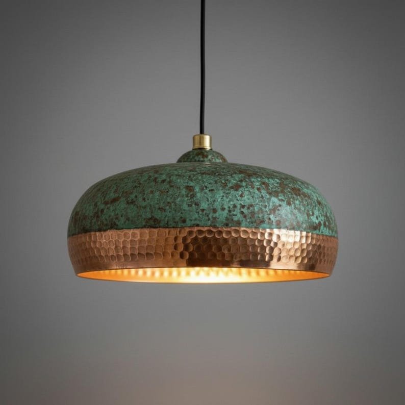 Green Patina Copper Pendant Light, Handmade Hammered Dome Ceiling Lamp, Rustic Moroccan Kitchen Island Chandelier