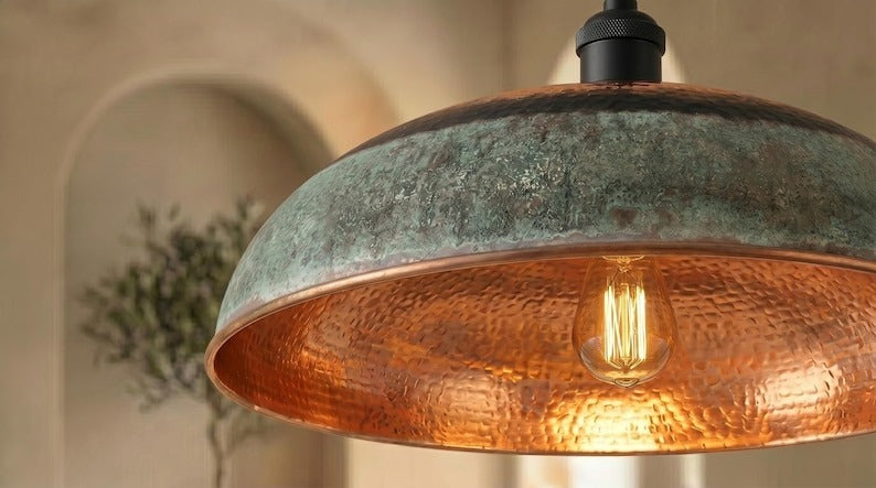 Handmade Moroccan Brass Pendant Light – Hammered Copper Dome with Green Verdigris Patina Band, Rustic Kitchen Island Ceiling Lamp