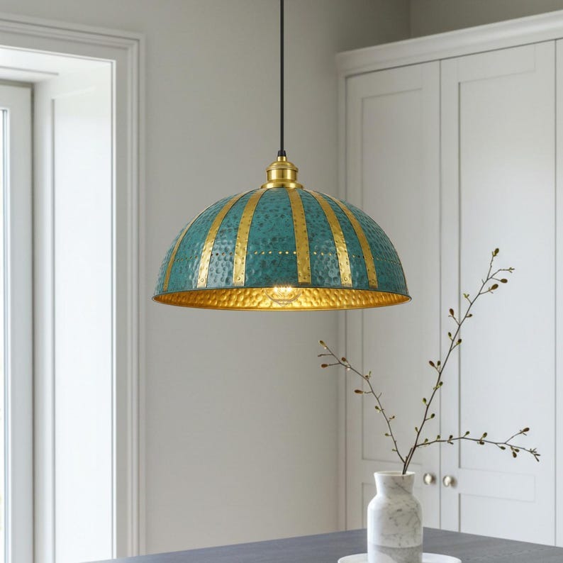 Handmade Moroccan Brass Pendant Light – Verdigris Dome Ceiling Lamp with Gold Brass Ribs, Hammered Texture & Warm Kitchen Island Glow