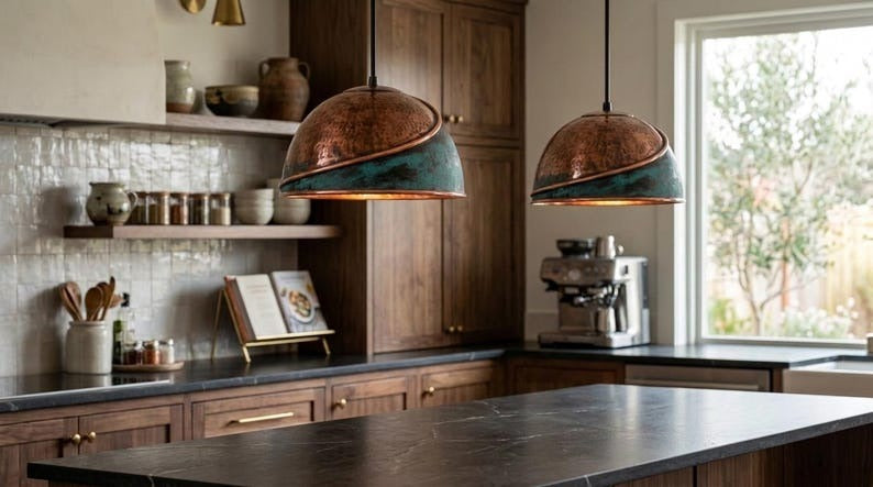 Handmade Moroccan Brass Pendant Light – Hammered Dome Ceiling Lamp with Verdigris Patina, Spiral Copper Band & Rustic Aged Finish