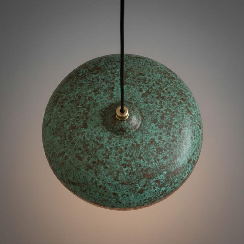 Green Patina Copper Pendant Light, Handmade Hammered Dome Ceiling Lamp, Rustic Moroccan Kitchen Island Chandelier