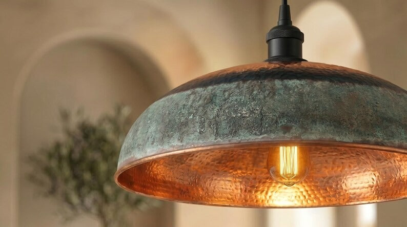 Handmade Moroccan Brass Pendant Light – Hammered Copper Dome with Green Verdigris Patina Band, Rustic Kitchen Island Ceiling Lamp