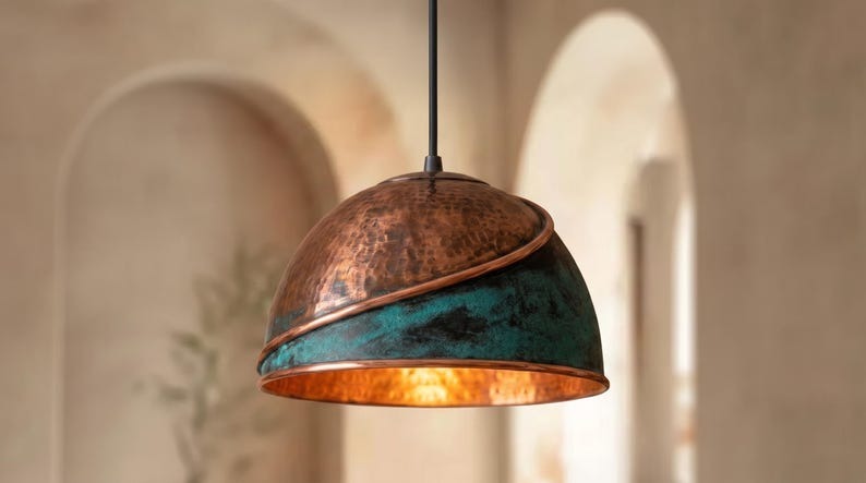 Handmade Moroccan Brass Pendant Light – Hammered Dome Ceiling Lamp with Verdigris Patina, Spiral Copper Band & Rustic Aged Finish