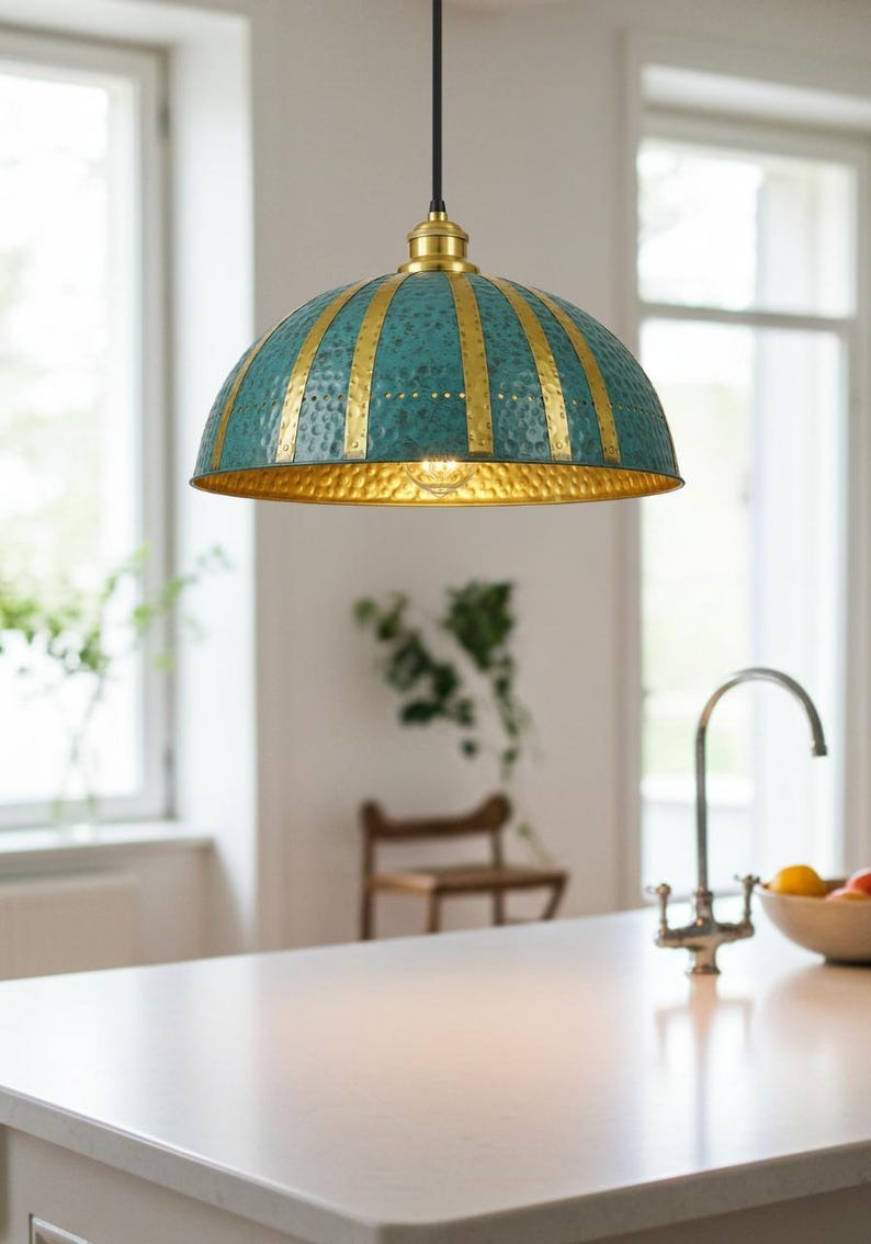 Handmade Moroccan Brass Pendant Light – Verdigris Dome Ceiling Lamp with Gold Brass Ribs, Hammered Texture & Warm Kitchen Island Glow