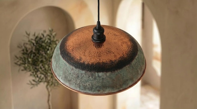 Handmade Moroccan Brass Pendant Light – Hammered Copper Dome with Green Verdigris Patina Band, Rustic Kitchen Island Ceiling Lamp