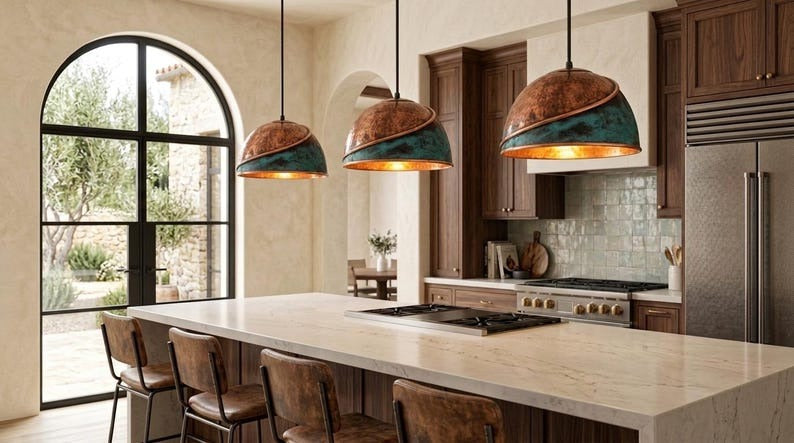 Handmade Moroccan Brass Pendant Light – Hammered Dome Ceiling Lamp with Verdigris Patina, Spiral Copper Band & Rustic Aged Finish